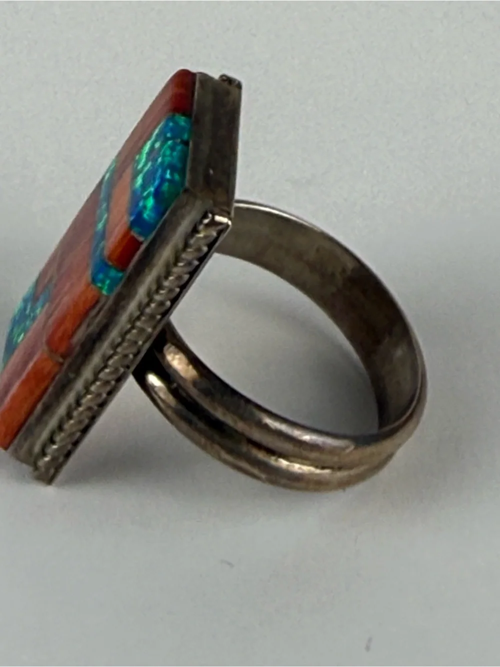 Native American Spiny Oyster, Lab Created Opal Sterling Silver Signed WG 8.75 - Picture 5 of 16